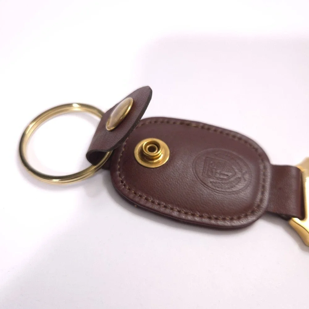 NICE Vintage Brown Leather‎ Gold Keychain Key Chain Ring Loop Holder Logo Tether